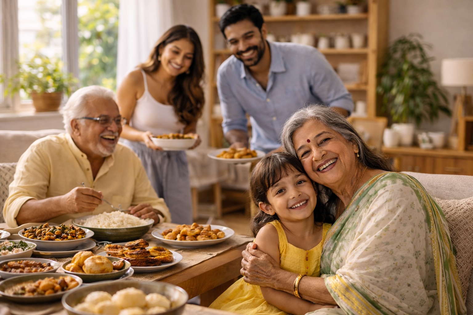 Family gathered around a printed photo album