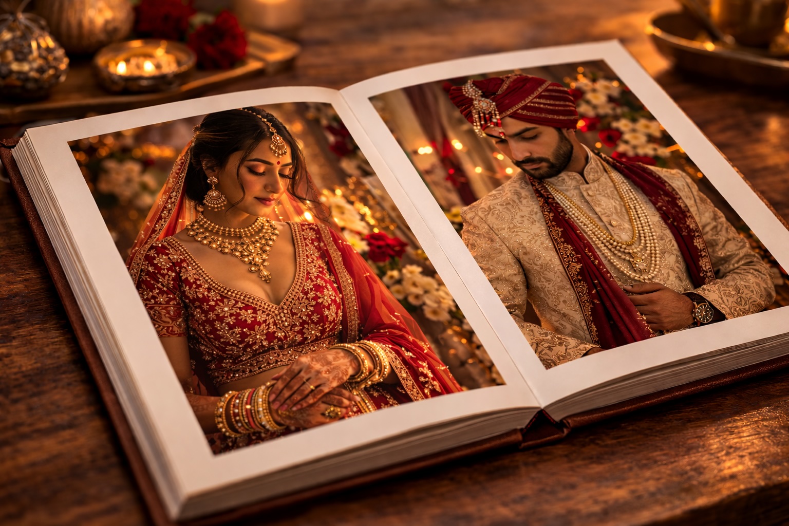 Printed wedding album displayed in a refined setting
