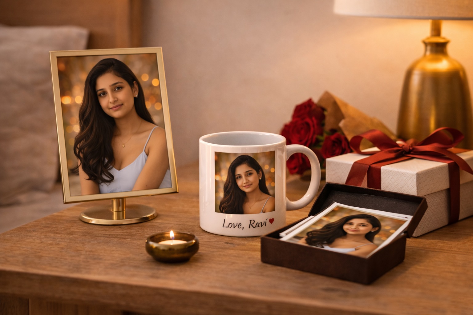 Photo memory gifts arranged on a tabletop