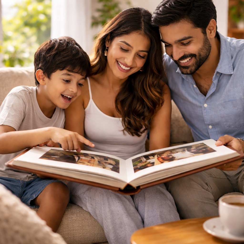 Luxury wedding album displayed open on a table